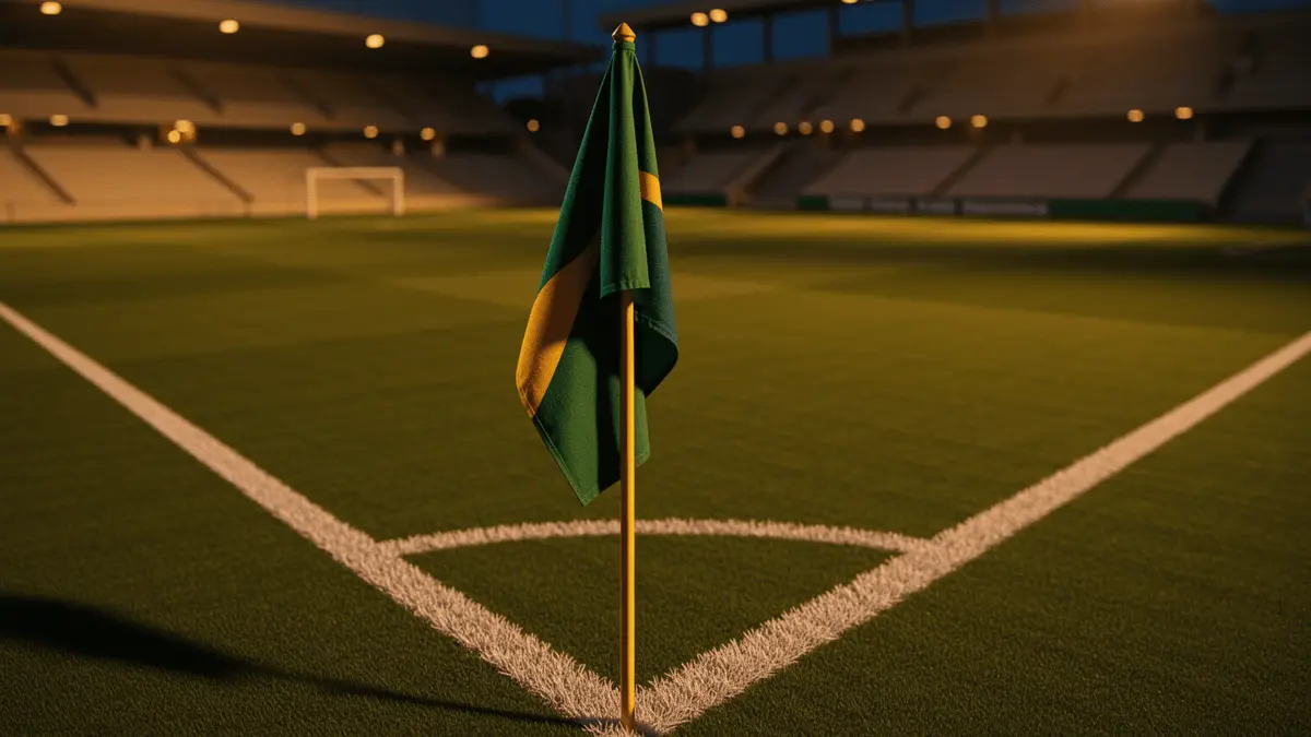 Aerial view of floodlit pitch at dusk with corner flag, emerald and gold light cast, dramatic shadows, no text.