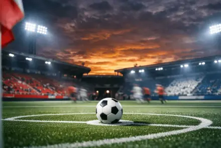 Floodlit football pitch at dusk with match ball centred, dramatic shadows and golden stadium lighting reflecting red and blue hues.