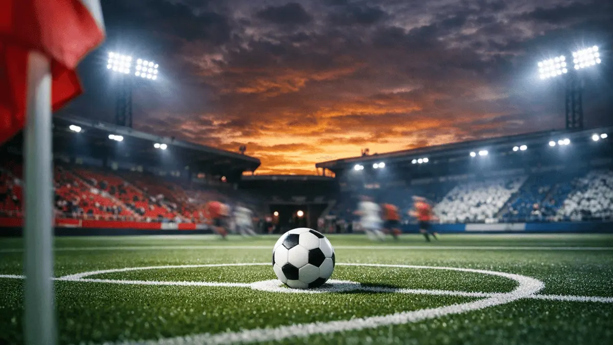 Floodlit football pitch at dusk with match ball centred, dramatic shadows and golden stadium lighting reflecting red and blue hues.