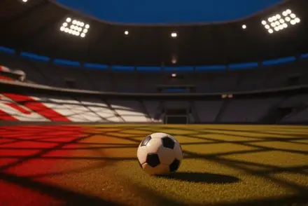 Empty floodlit stadium corner at dusk with red and white colour-cast lighting on lower stand, match ball on centre spot, cinematic shadows.