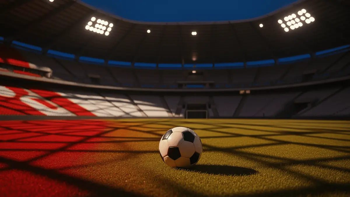 Empty floodlit stadium corner at dusk with red and white colour-cast lighting on lower stand, match ball on centre spot, cinematic shadows.