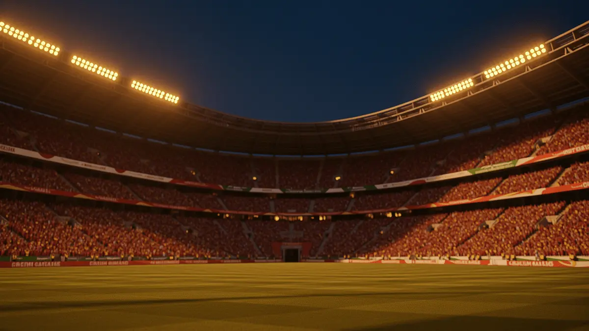 Empty floodlit football stadium at dusk with dramatic lighting and packed stands, atmospheric knockout match venue.