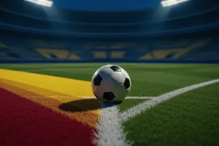 Floodlit football pitch at dusk with ball on penalty spot, Spain and Cape Verde colour palette, stadium shadows.