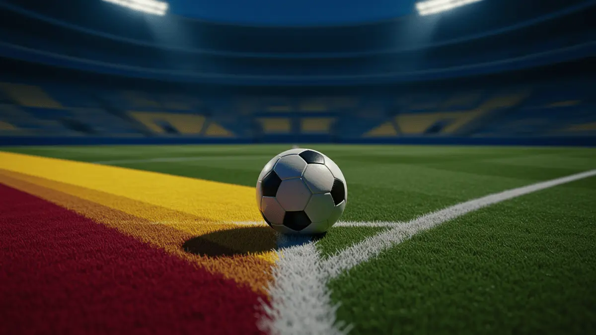 Floodlit football pitch at dusk with ball on penalty spot, Spain and Cape Verde colour palette, stadium shadows.