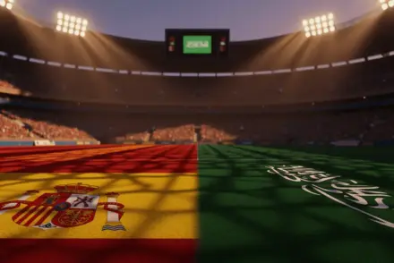 Floodlit stadium pitch at dusk with Spanish red and Saudi green flag colours reflecting in dramatic shadows, packed stands blurred in background.