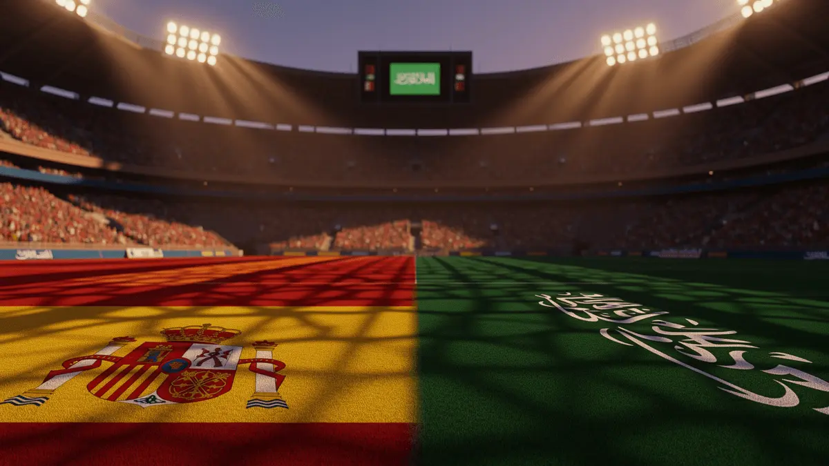 Floodlit stadium pitch at dusk with Spanish red and Saudi green flag colours reflecting in dramatic shadows, packed stands blurred in background.