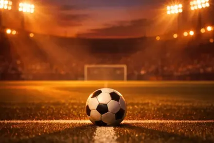 Floodlit football pitch with match ball on centre spot in Spain's red and gold lighting, editorial sports photography style.