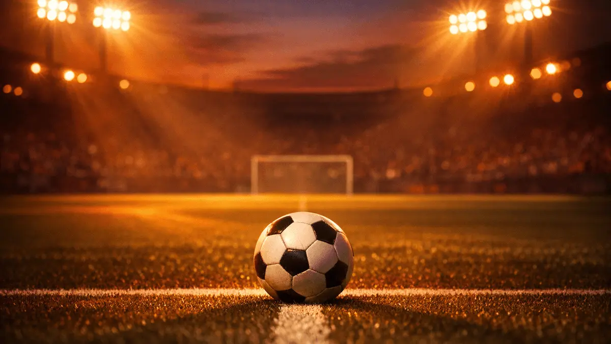 Floodlit football pitch with match ball on centre spot in Spain's red and gold lighting, editorial sports photography style.