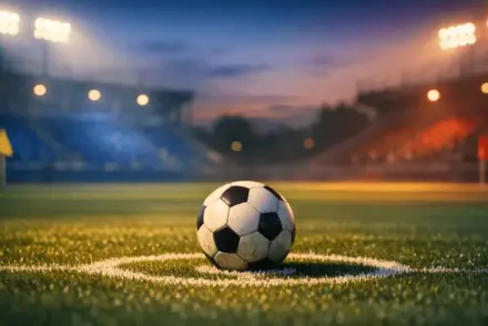 Floodlit football pitch with match ball on penalty spot, blue and red stadium lighting, evening match preview atmosphere.