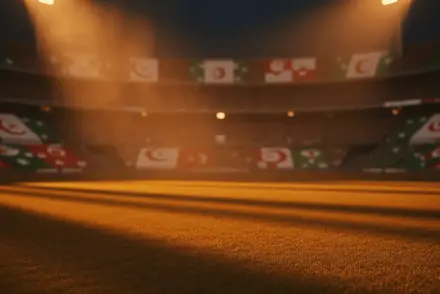 Floodlit stadium pitch at kick-off with Swiss and Algerian colours in the packed stands, dramatic shadow patterns.