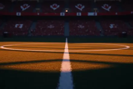 Floodlit World Cup stadium pitch at golden hour with dramatic shadows and packed stands