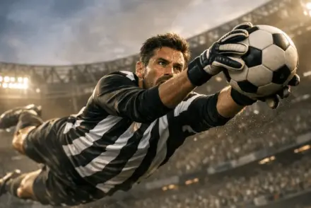 Professional goalkeeper diving to make a save in black and white striped jersey at European stadium