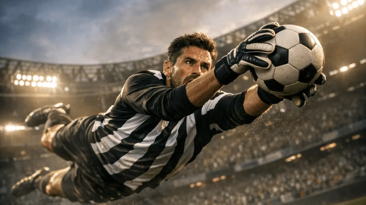 Professional goalkeeper diving to make a save in black and white striped jersey at European stadium
