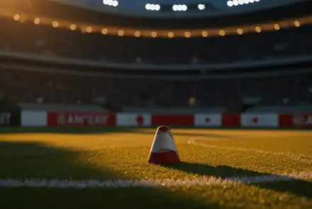Floodlit World Cup stadium pitch at golden hour with red and white colour palette, dramatic shadows and packed stands.