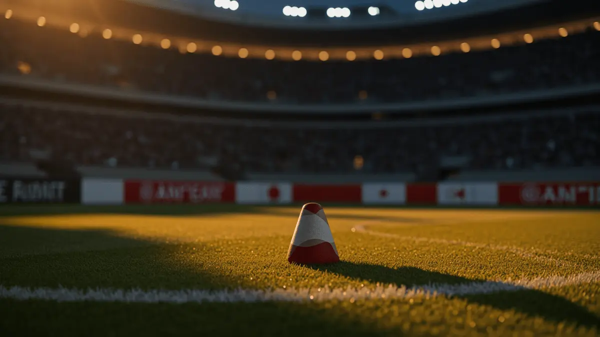 Floodlit World Cup stadium pitch at golden hour with red and white colour palette, dramatic shadows and packed stands.