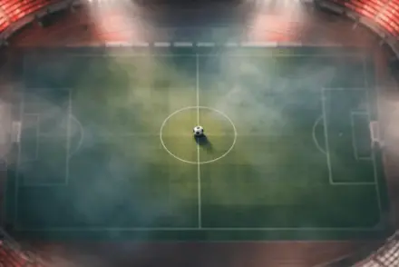 Floodlit stadium pitch from above at dusk, crimson and white atmospheric lighting, centre ball in focus, cinematic sports photography.