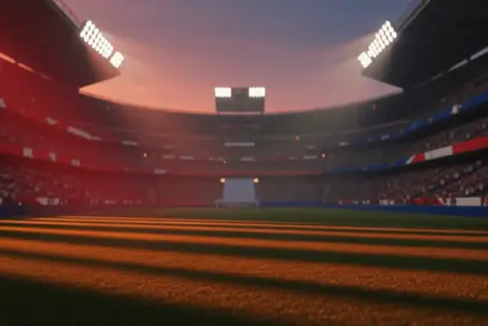 Floodlit stadium pitch at dusk with crimson, white, blue and red colour palette creating dramatic shadow patterns across empty grass.