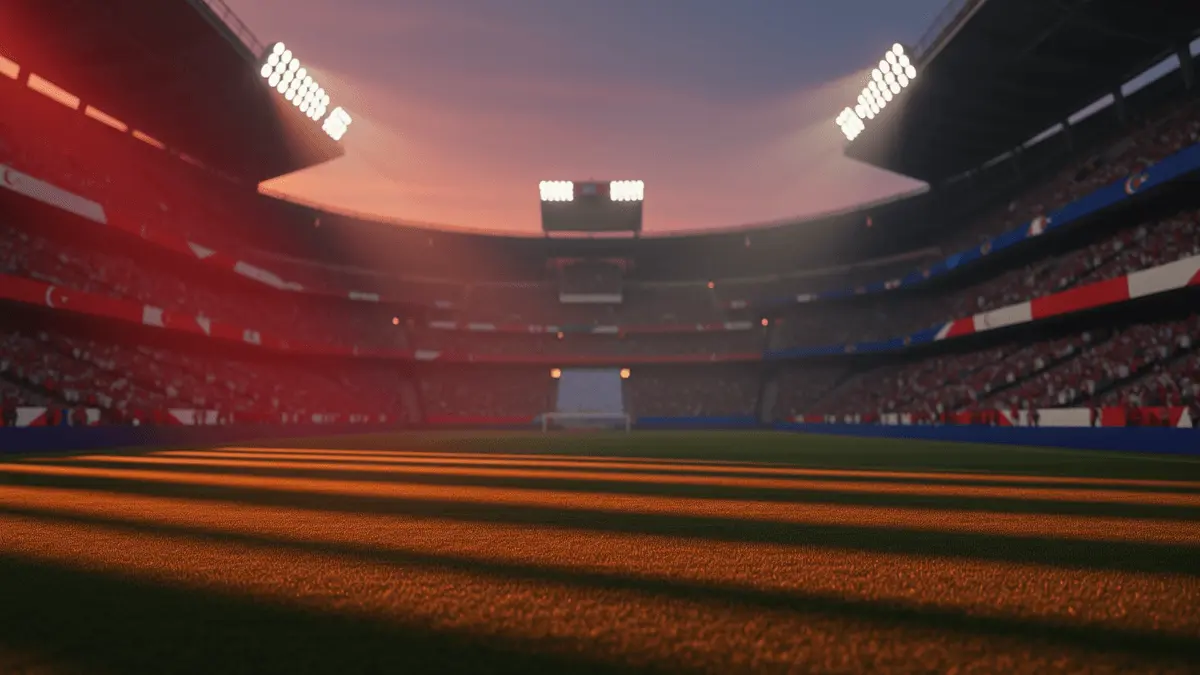 Floodlit stadium pitch at dusk with crimson, white, blue and red colour palette creating dramatic shadow patterns across empty grass.