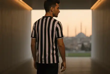 Football player walking through stadium tunnel toward Turkish skyline in black white and gold editorial style