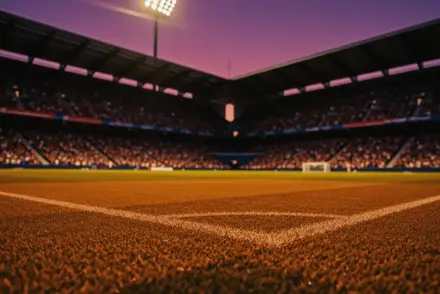 Floodlit stadium at dusk with packed stands, dramatic shadow patterns, and golden-hour lighting during a World Cup 2026 group stage match.