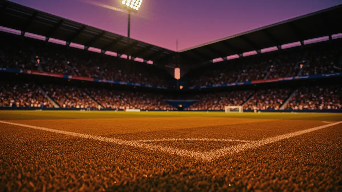 Floodlit stadium at dusk with packed stands, dramatic shadow patterns, and golden-hour lighting during a World Cup 2026 group stage match.