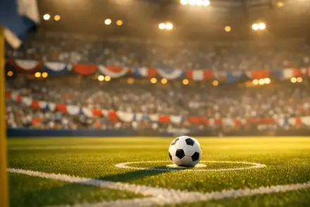 Floodlit stadium pitch at sunset with match ball on penalty spot, red-white and blue-white bunting in blurred stands, dramatic shadows.