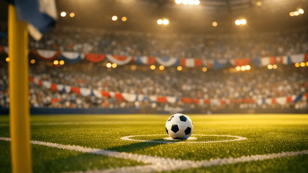 Floodlit stadium pitch at sunset with match ball on penalty spot, red-white and blue-white bunting in blurred stands, dramatic shadows.