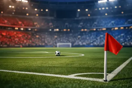 Aerial stadium view at dusk with floodlit pitch, corner flag foreground, centre-circle ball, blue-red lighting, geometric shadows.