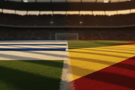 Floodlit stadium pitch at dusk with Uruguay blue-white and Cape Verde red-yellow colour palettes meeting on the grass, dramatic shadows.