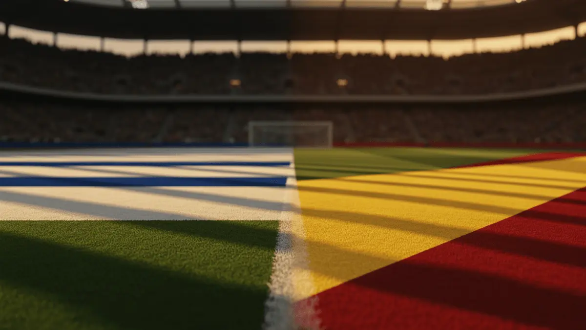 Floodlit stadium pitch at dusk with Uruguay blue-white and Cape Verde red-yellow colour palettes meeting on the grass, dramatic shadows.