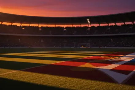 Floodlit stadium pitch at dusk with packed stands, shadows cast across empty field, national colour accents.