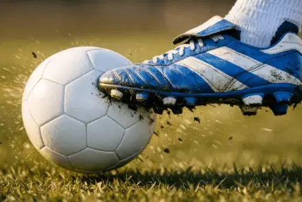 Football boot striking match ball in motion, blue and white colour palette, shallow depth of field, golden lighting.