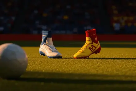 Match-day stadium scene with player boots and ball under evening floodlights, colour-graded in blue and yellow-red tones.