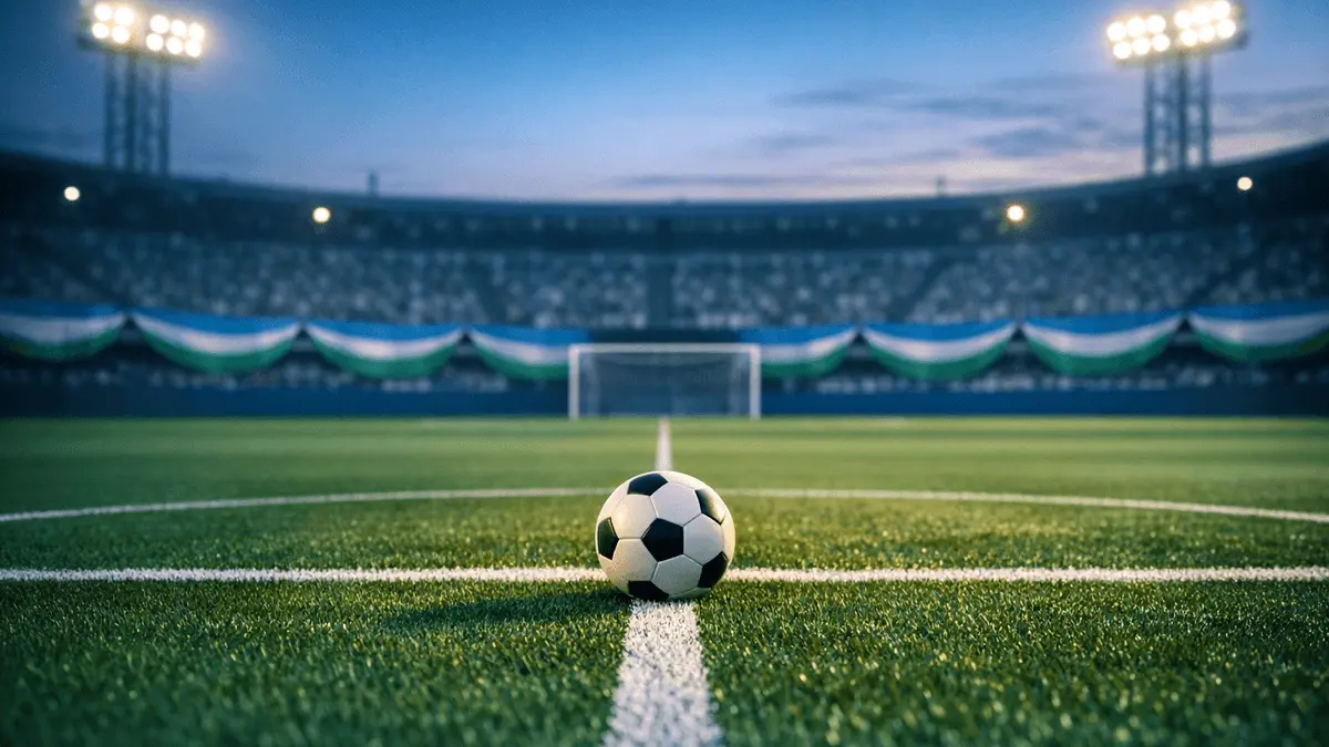 Floodlit football pitch at dusk with ball on centre spot, azure and white stadium bunting, golden evening light.