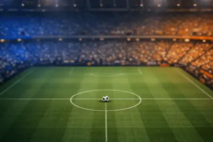Overhead floodlit stadium view at dusk with centre circle in focus, amber and blue atmospheric lighting, no people or branding visible.