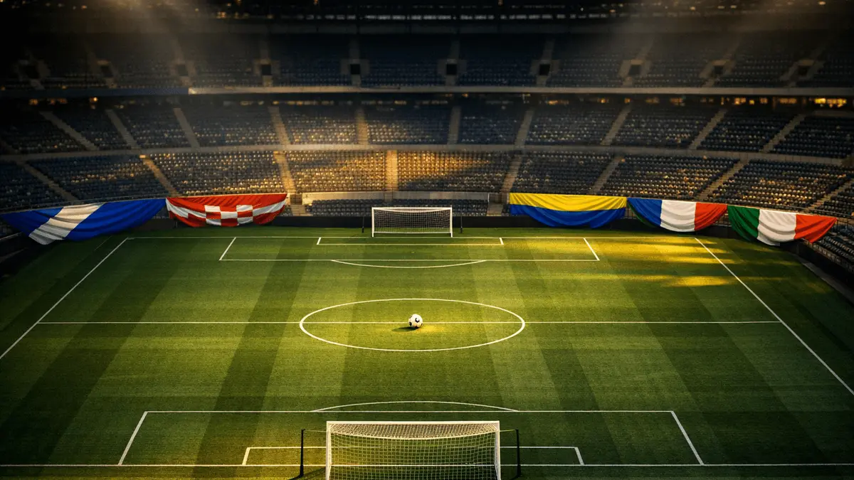 Empty floodlit stadium bowl with national flag-coloured bunting, match ball on centre spot, golden-hour lighting.