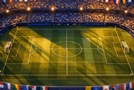 Overhead floodlit stadium pitch with mixed flag-colour bunting, group-stage markings, dramatic shadows, dusk lighting.