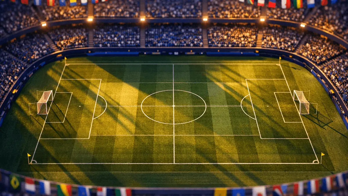 Overhead floodlit stadium pitch with mixed flag-colour bunting, group-stage markings, dramatic shadows, dusk lighting.