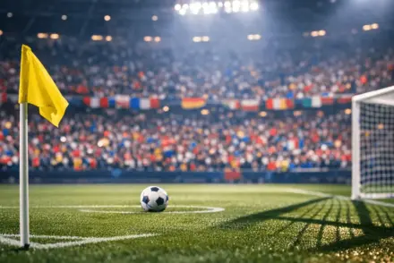 Floodlit stadium lower bowl from corner flag, packed stands with multicoloured bunting, match ball in focus on pitch.