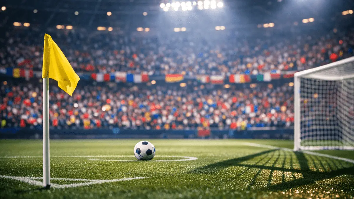 Floodlit stadium lower bowl from corner flag, packed stands with multicoloured bunting, match ball in focus on pitch.