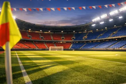Empty stadium corner with crimson and azure seating under evening floodlights, dramatic shadows across pitch.
