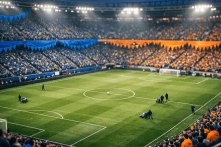 Stadium lower bowl with blue and orange bunting, floodlit pitch, pre-match atmosphere, no players visible.