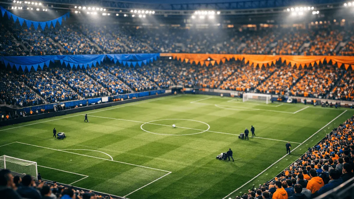Stadium lower bowl with blue and orange bunting, floodlit pitch, pre-match atmosphere, no players visible.
