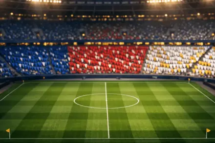 Aerial stadium view at dusk with colour-blocked bunting in national flag hues, floodlit pitch, golden and shadow lighting.