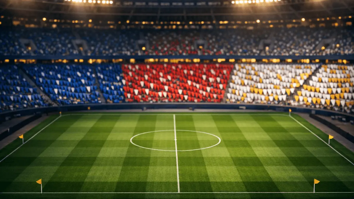 Aerial stadium view at dusk with colour-blocked bunting in national flag hues, floodlit pitch, golden and shadow lighting.
