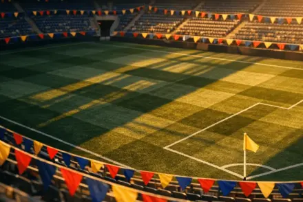 Aerial view of floodlit stadium with colourful bunting in national colours across lower bowl during group-stage pre-match.