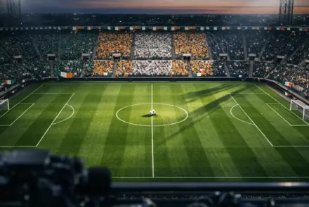 Aerial stadium view at dusk with floodlit pitch, coloured bunting, and national flag-hued stand sections.