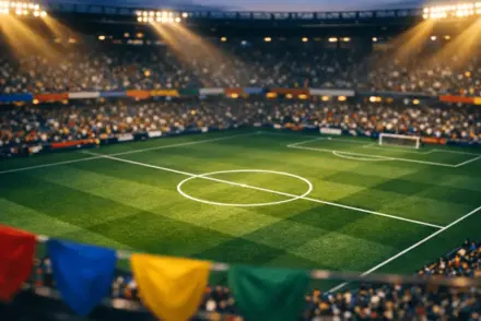 Aerial floodlit stadium pitch at dusk with team-colour bunting in stands and dramatic shadow patterns.