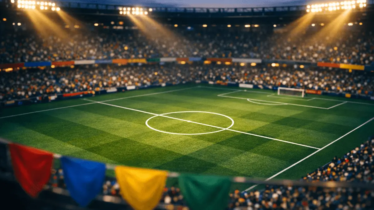 Aerial floodlit stadium pitch at dusk with team-colour bunting in stands and dramatic shadow patterns.
