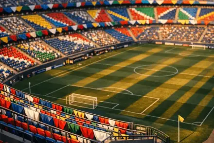 Aerial stadium view with colourful flag bunting and floodlit pitch markings under evening light, World Cup group-stage atmosphere.